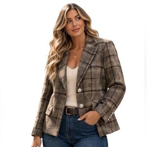 Lauren Ralph Lauren 100% Wool Plaid Blazer Brown Tailored Jacket  Size 10